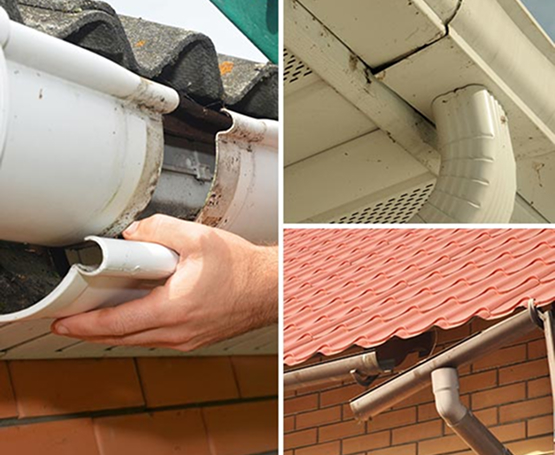 Collage of gutter issues such as broken sections, leaks and professional repair services