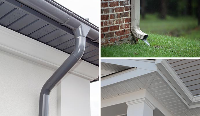 Collage of installed downspout system, downspout drainage system and fascia 