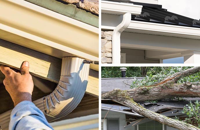 Collage of gutter installation and storm damaged gutter