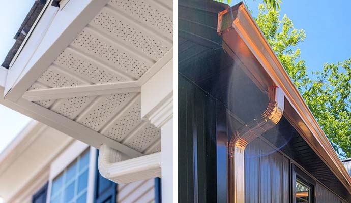 Collage of installed fascia, soffit, and downspouts