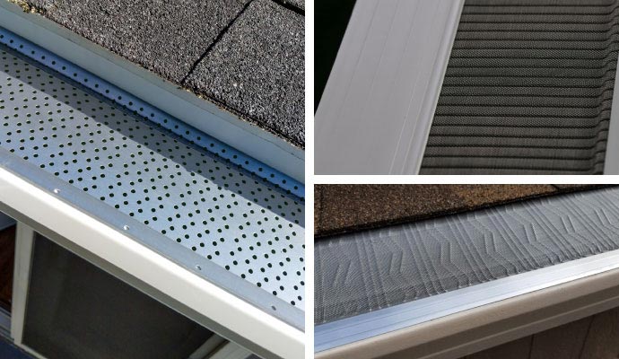 Collage of multiple gutter guards including perforated metal guards, leaf blaster pro guards and gutterglove pro guards