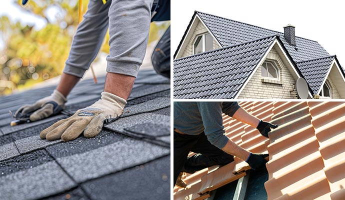 Collage of roof replacement, eco-friendly roof and roof repairing