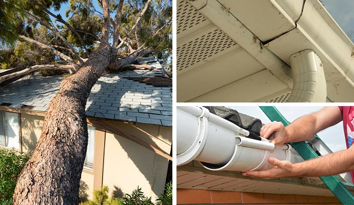 Collage of storm damaged house, damaged downspout and gutter repairment