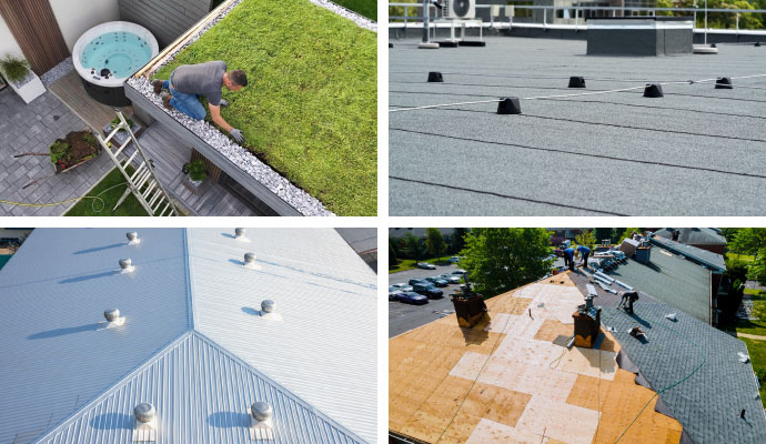 A collage featuring four different roofing types: a green living roof, a flat industrial roof with vents, a corrugated metal roof with turbine vents, and a shingle roof under repair