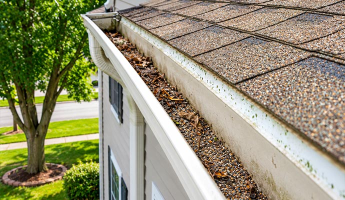 Gutters with roof granules and leaves