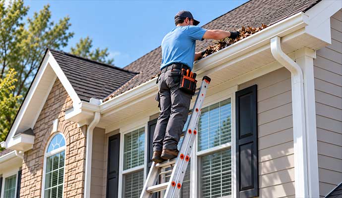 A professional cleaner is removing debris from upper-level roof gutters