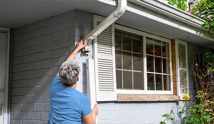 Technician cleaning downspout elbow sections