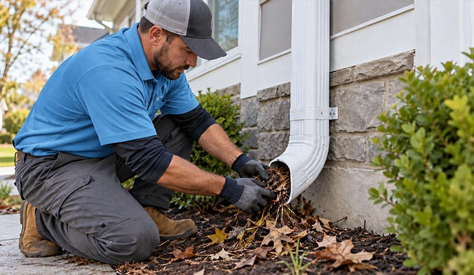 Technician clearing downspout outlet debris