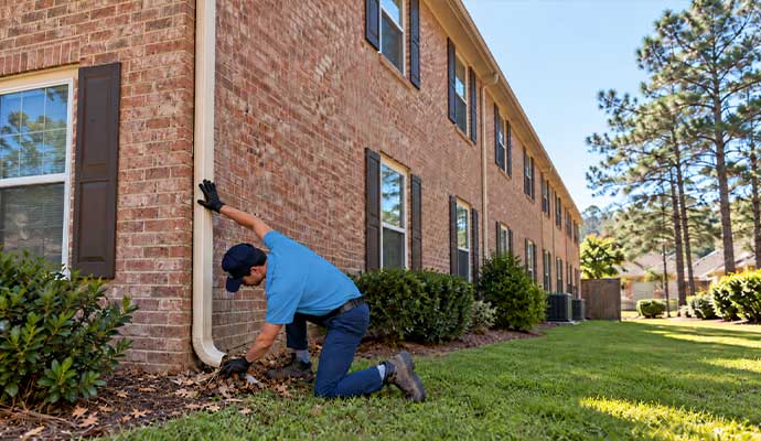 Technician inspecting and clearing debris from an downspout