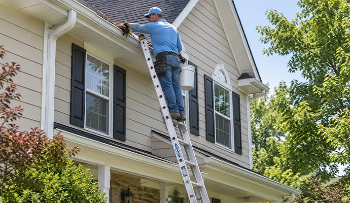 Technician on an extension ladder cleaning two-story house gutters