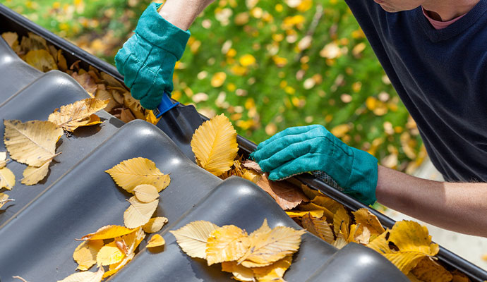 Technician using a scoop to clear autumn leaves from a roof gutter