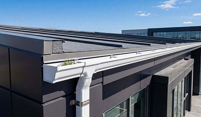 Weeds growing inside a commercial building roof gutter
