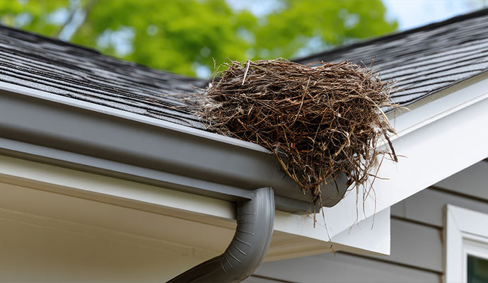 Bird nest in roof gutter