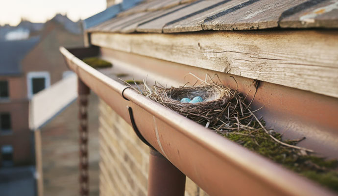 Bird nest with blue eggs in roof gutter