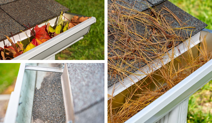 Collage of clogged gutter with leaves, pine needles and roof grit