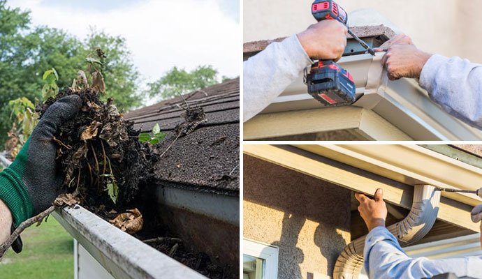 Collage of gutter cleaning, gutter repair and gutter installation service