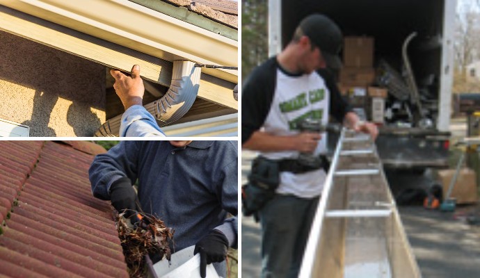 Collage of gutter repairing, gutter cleaning and gutter installation service