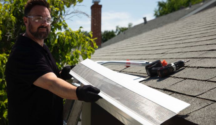 Person installing gutter guard with equipment