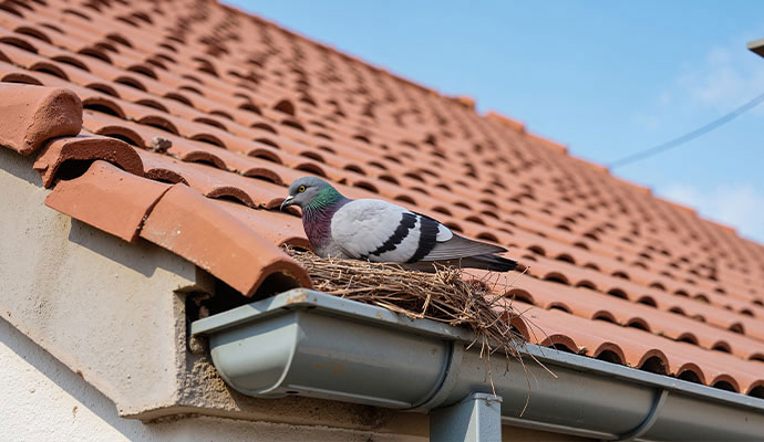 Pigeon nest in roof gutter