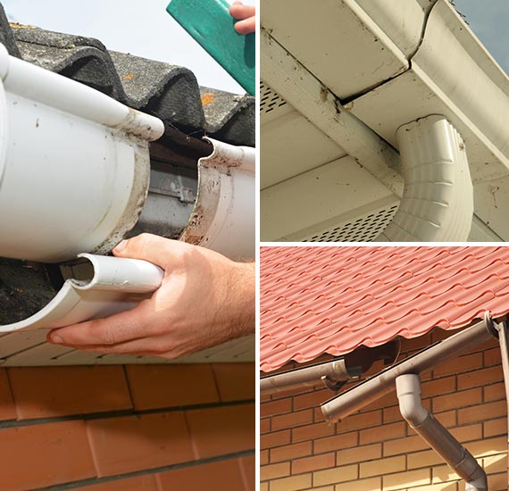 Collage of gutter issues such as broken sections, leaks and professional repair services