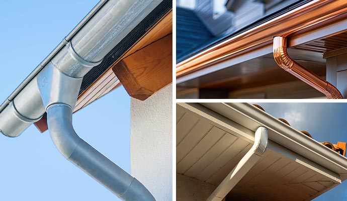Collage of aluminium, copper, and seamless gutters