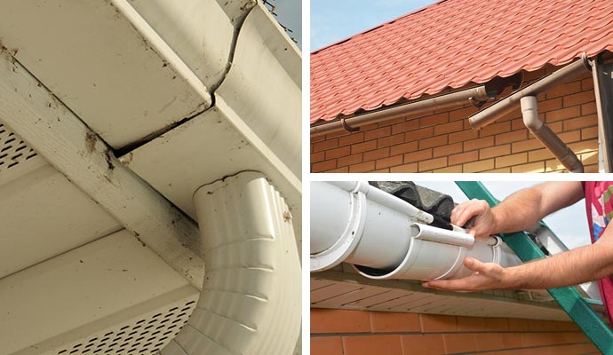 Collage of broken downspouts, damaged gutters, and gutter repair work