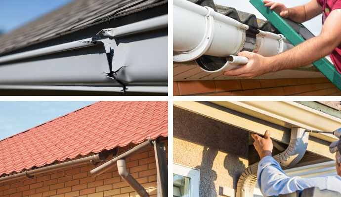 Collage of different types of damaged gutters and repairing services for gutter and downspout
