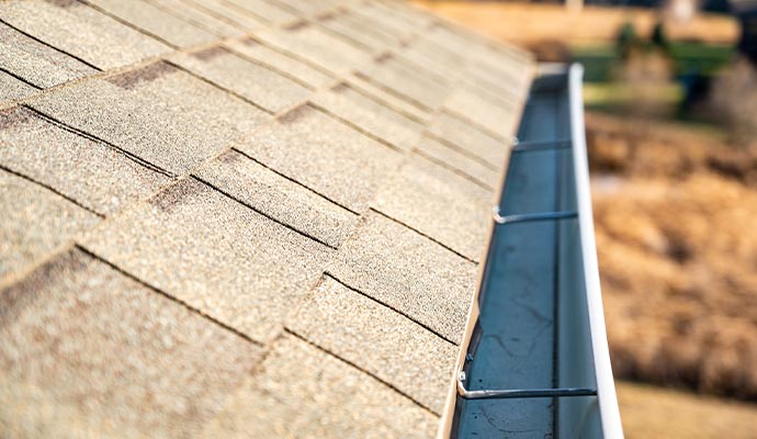 Residential roof shingles and rain gutter