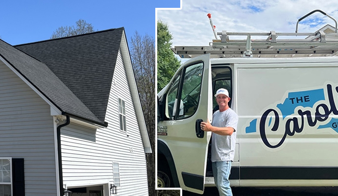 Installed hosue roof and beside that a professional worker infront the vehicle smiling
