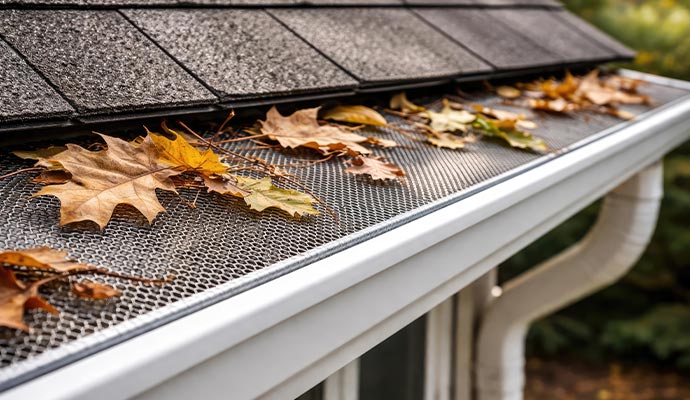 Dry autumn leaves resting on top of a mesh gutter guard system, preventing them from entering the white gutter below