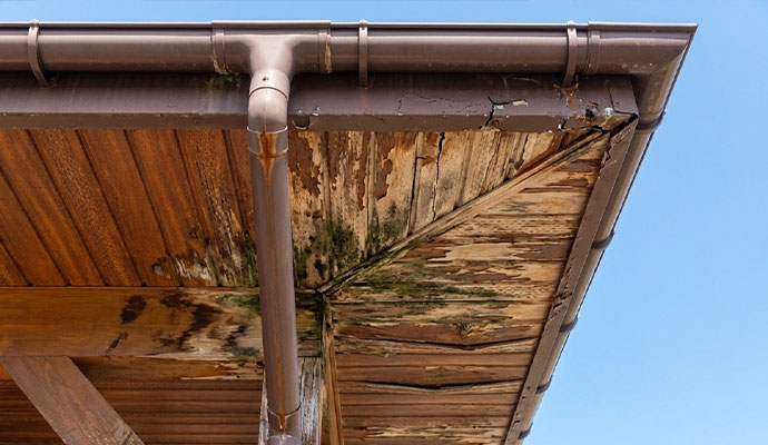 A close-up of a brown gutter system showing significant water damage, rotting wood, and green mold growth on the underside of the roof's soffit