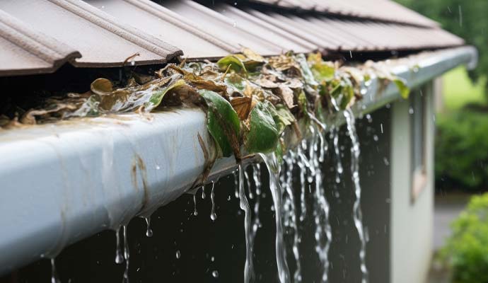 Water overflowing from roof gutter filled with wet leaves and debris